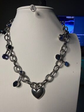 paparazzi Silver-Tone Link Necklace with Blue Stone Drop Earrings